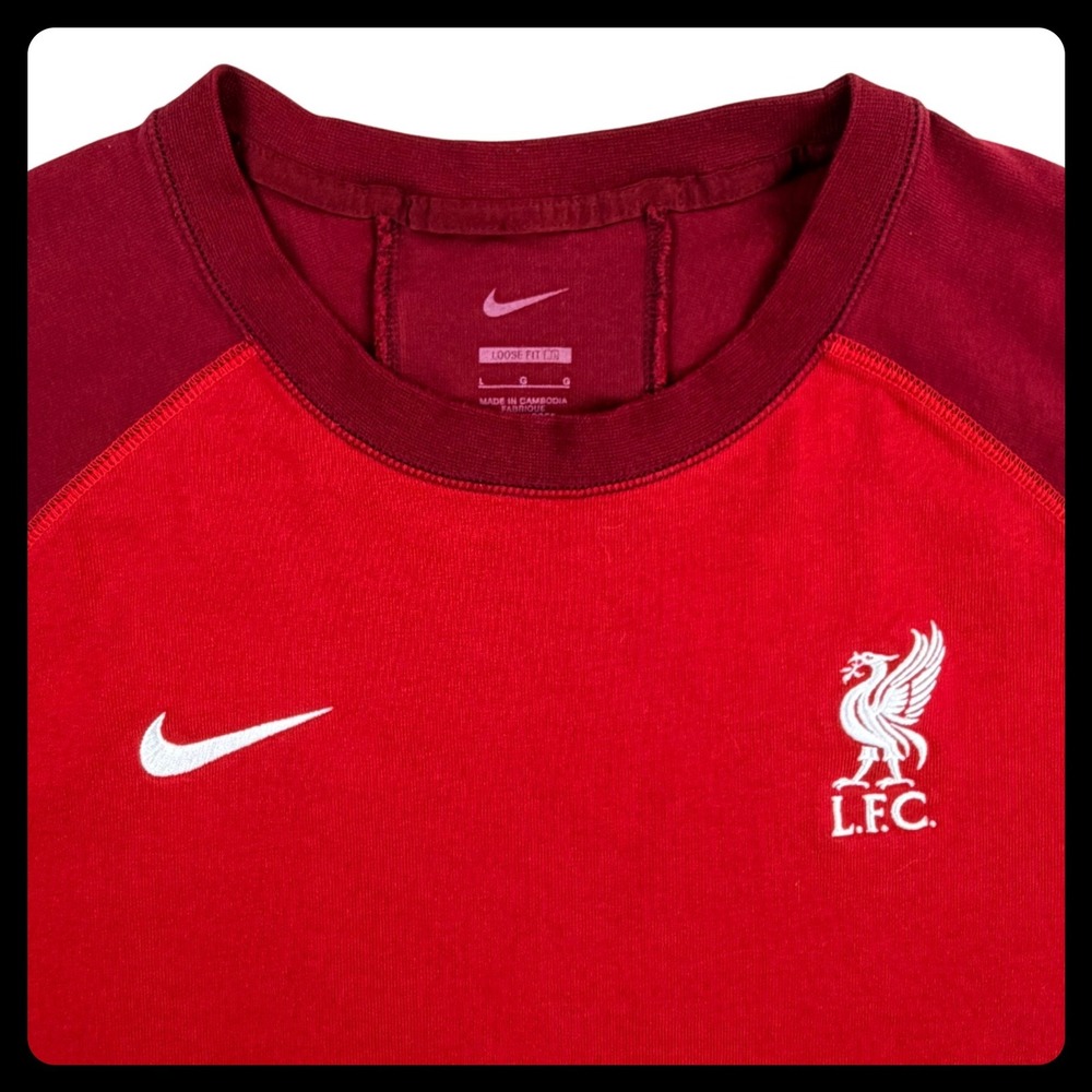 Nike Liverpool Football Club Shirt Men LARGE Red Raglan Soccer England LFC